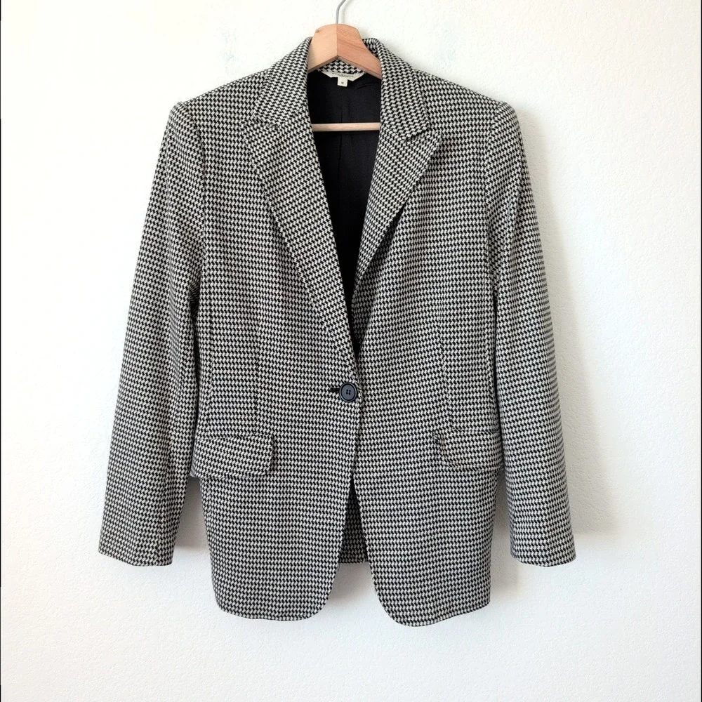 MAX STUDIO LONDON Houndstooth Blazer Jacket Women M Black White Classic Longline